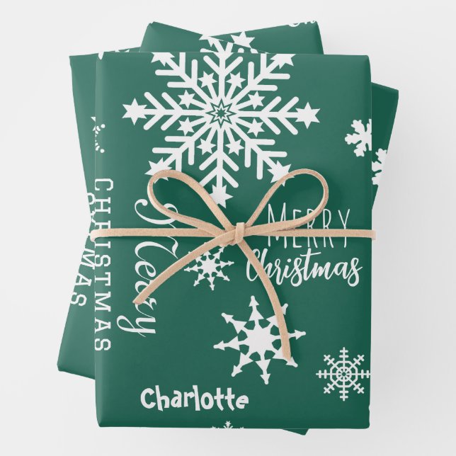 Grüner Individuelle Name Weihnachtsschnee Geschenkpapier Set (Beispiel)