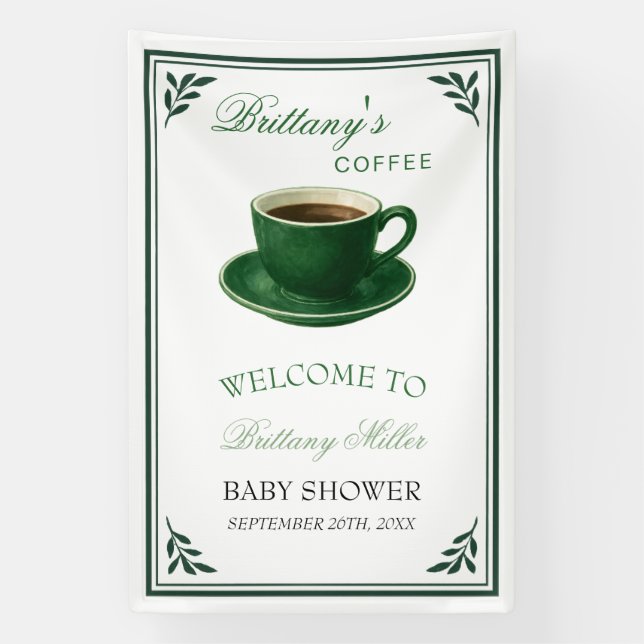 Grüner Kaffeetasse Baby Shower Willkommen Banner (Vertikal)