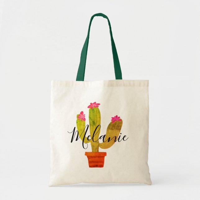 Grüner Kaktus mit rosa Blume individuelle Name Tragetasche (Vorne)