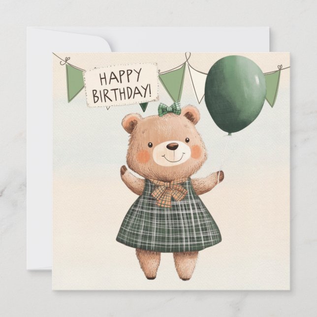 Grüner Karierter Kleiderbär mit Haarbow Einladung (Vorderseite)