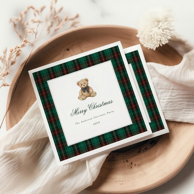 Grüner Karierter Teddybär Weihnachtsfeier Serviette (Von Creator hochgeladen)