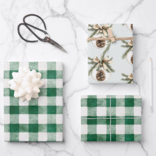Grüner Karo-Streifen TannenZapfen Weihnachtsbaumsc Geschenkpapier Set
