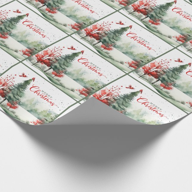 Grüner Kiefernwald und Roter Kardinal - Weihnachte Geschenkpapier (Ecke)