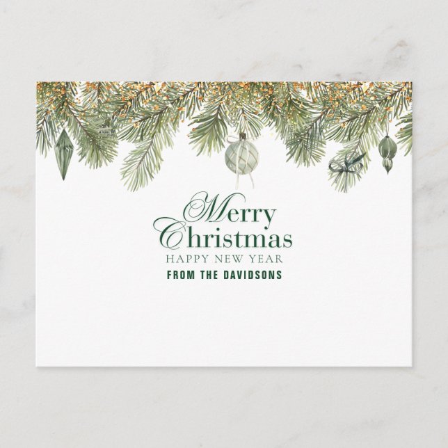 Grüner Kiefernzweig mit Weihnachtsschmuck Postkarte (Vorderseite)