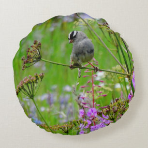 Grüner Kolibri lila rosa Blumenhintergrund Rundes Kissen
