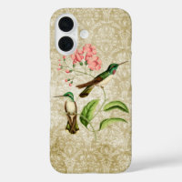 Grüner Kolibri mit rosa Blüten im Vintage-Stil