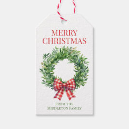 Grüner Kranz mit rotem Gingham Bow Geschenkanhänger