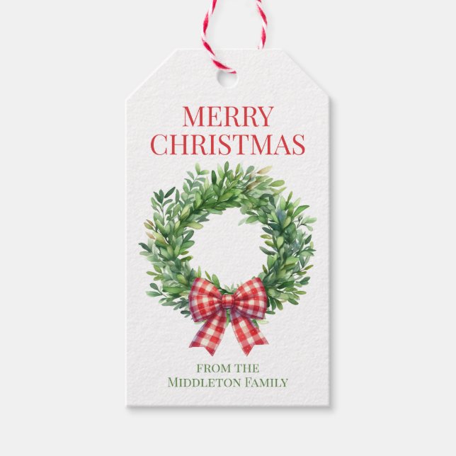 Grüner Kranz mit rotem Gingham Bow Geschenkanhänger (Vorderseite)