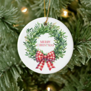 Grüner Kranz mit rotem Gingham Bow Keramik Ornament