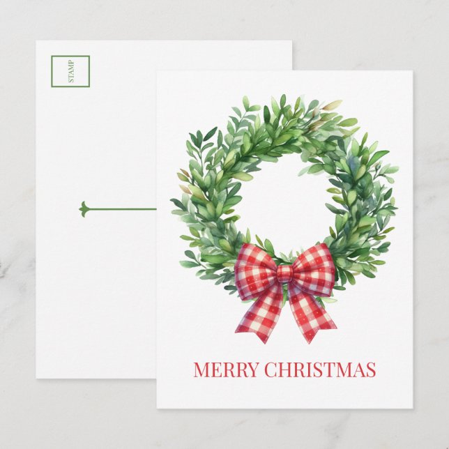 Grüner Kranz mit rotem Gingham Bow Postkarte (Vorne/Hinten)