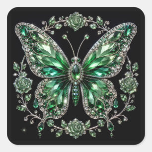 Grüner Kristallschmetterling Floraler Rahmen Quadratischer Aufkleber