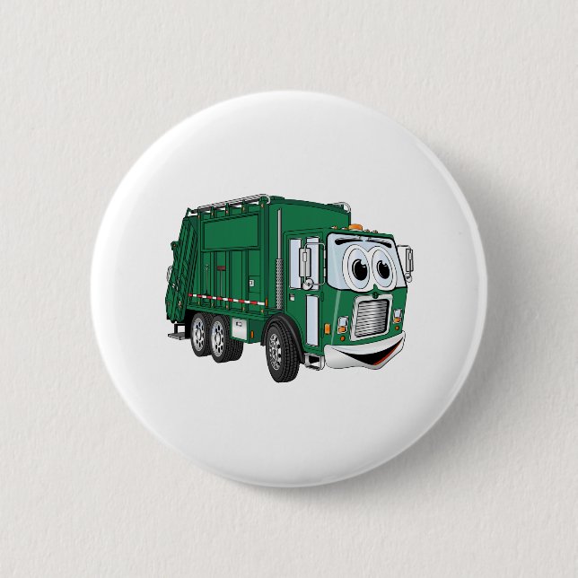 Grüner Lächelnder Garbage Truck Cartoon Button (Vorderseite)