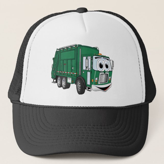 Grüner Lächelnder Garbage Truck Cartoon Truckerkappe (Vorderseite)