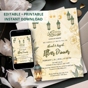 Grüner Laternen- und Gold-Blumen-Ramadan-Iftar Einladung