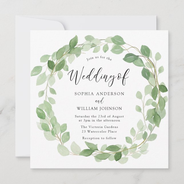Grüner Leaf Wreath Elegante Hochzeit Einladung (Vorderseite)