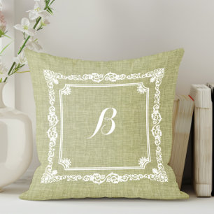 Grüner Leinen Weißer Rahmen Monogramm Kissen
