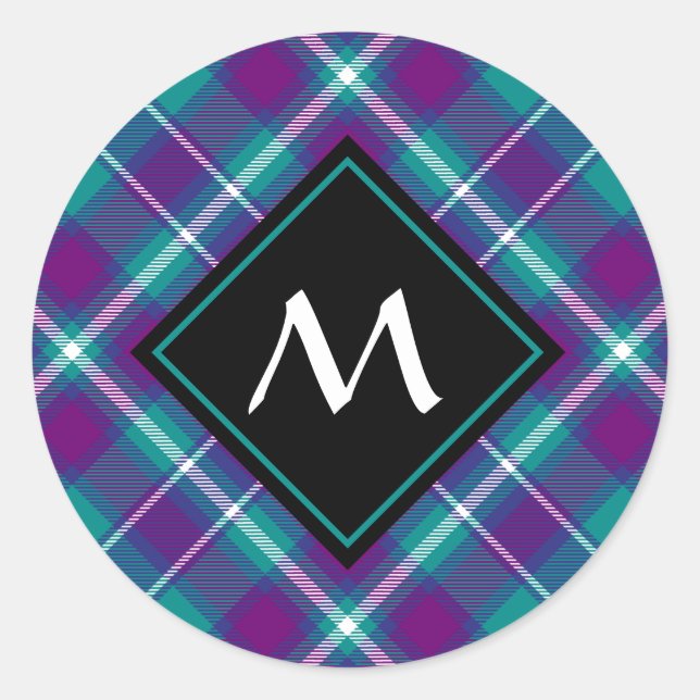 Grüner, Lila und blauer Tartan Runder Aufkleber (Vorderseite)