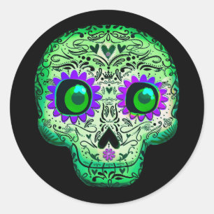 Grüner & Lila Zuckerschädel Schwarze Halloween-Par Runder Aufkleber