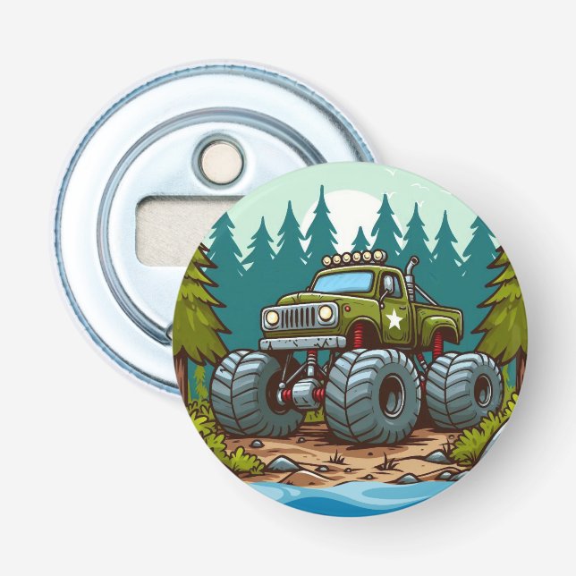 Grüner LKW im Wald Flaschenöffner (Vorderseite)