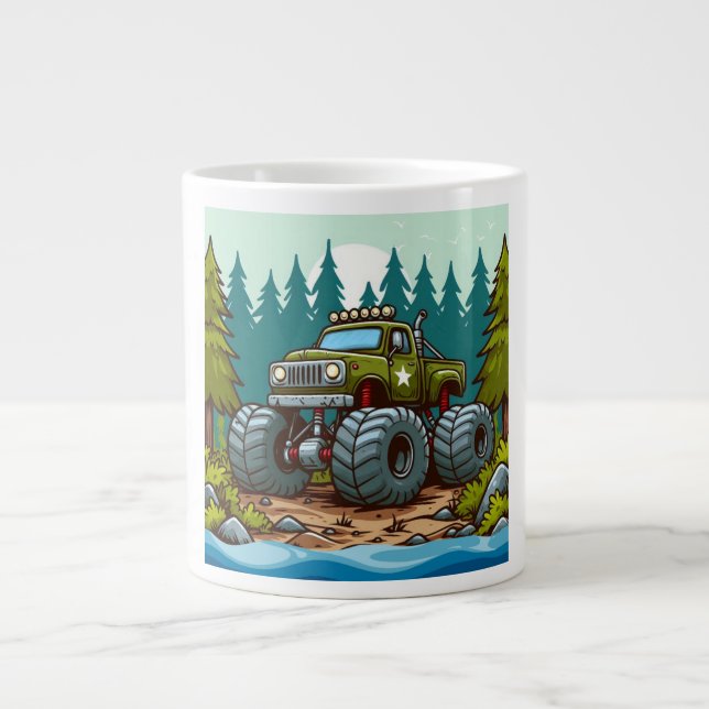 Grüner LKW im Wald Jumbo-Tasse (Vorderseite)