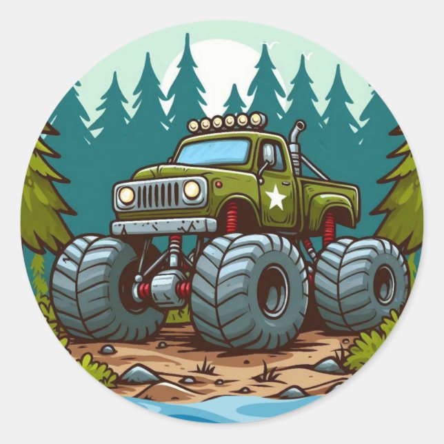 Grüner LKW im Wald Runder Aufkleber (Vorderseite)