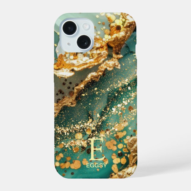 Grüner Marmor Chic Gold Glitter Monogramm iPhone 15 Hülle (Rückseite)