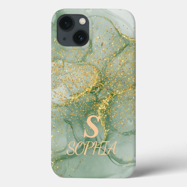 Grüner Marmor schick gold glitzern Monogramm Case-Mate iPhone Hülle (Rückseite)