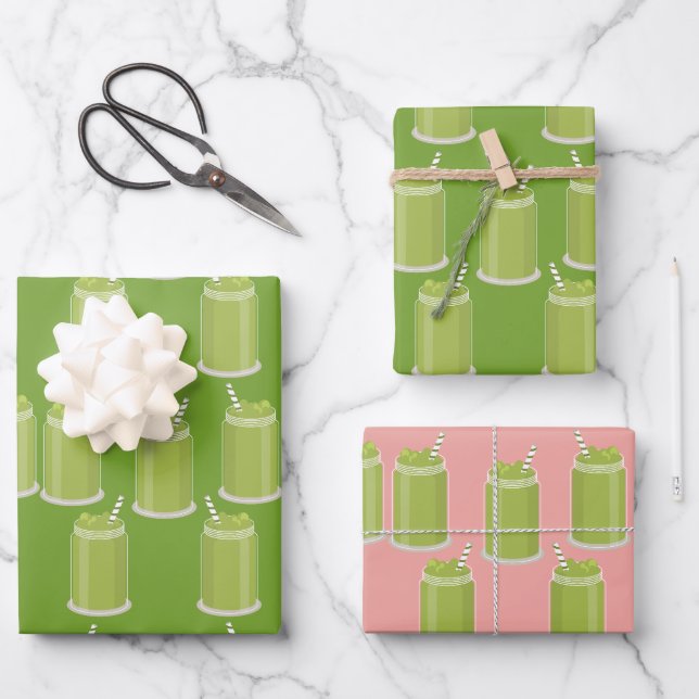 Grüner Matcha Latte Mason-Glas-Muster-Eistee Geschenkpapier Set (Vorderseite)