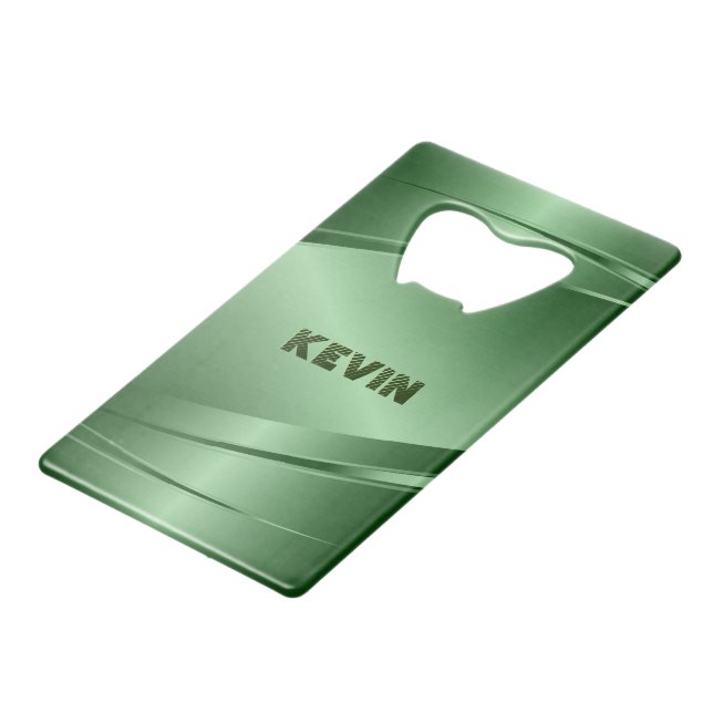 Grüner Metallbelag aus Aluminium Geldbeutel Flaschenöffner (Vorderseite Schrägansicht)