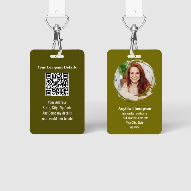 Grüner moderner Foto-QR-Code-Mitarbeiter Ausweis (Modern business ID badge with photo template and QR code.)