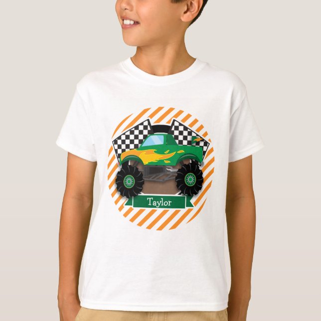 Grüner Monsterlruck, karierte Flagge; orangefarben T-Shirt (Vorderseite)