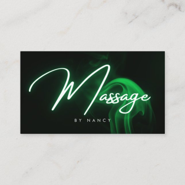 Grüner Neon-Massagetherapeut-Handschrift-Script Visitenkarte (Vorderseite)