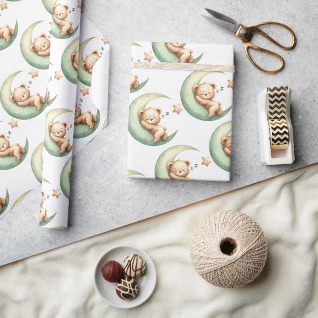 Grüner niedlicher Schlafteddy über dem Mond Geschenkpapier (Kunsthandwerk)