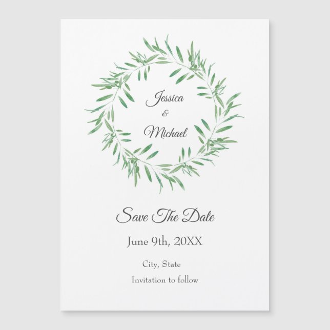 Grüner Olive-Kranz Save the Date Magneteinladung (Vorderseite)