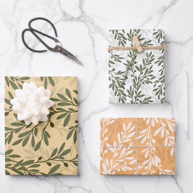 Grüner Olivenbaum Zweig Mittelmeer Muster Geschenkpapier Set (Vorderseite)
