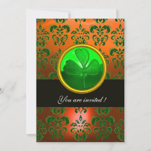 GRÜNER ORANGE DAMASK MIT KLEEBLATT, schwarz Einladung