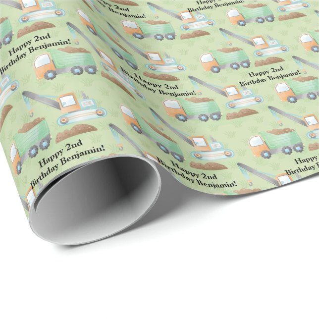 Grüner Orangefarbener Krankranich-Dump LKW Textnam Geschenkpapier (Rolleneckpunkt)