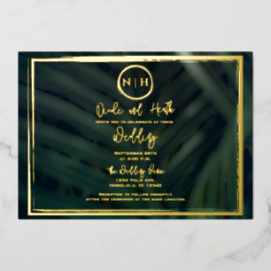 Grüner Palmwedel Tropische Hochzeit Gold Folieneinladung
