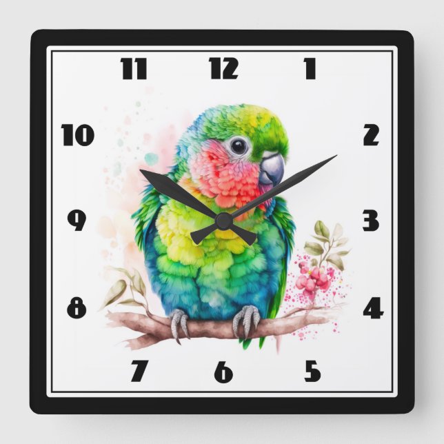 Grüner Papagei - Niedlicher Baby Bird Quadratische Wanduhr (Vorderseite)