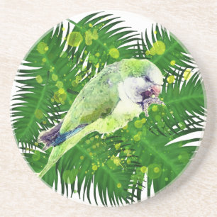 Grüner Papagei und Blätter aus Palmen, Aquarell Getränkeuntersetzer