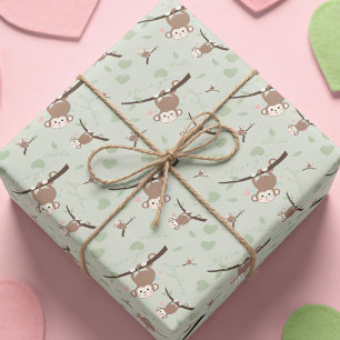 Grüner Pastell-Affen-Valentinstag-Geschenkpapier Geschenkpapier