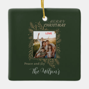 Grüner personalisierter Familienfoto-Name Keramikornament