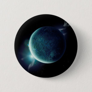 grüner Planet im Universum mit Aura und Sternen Button