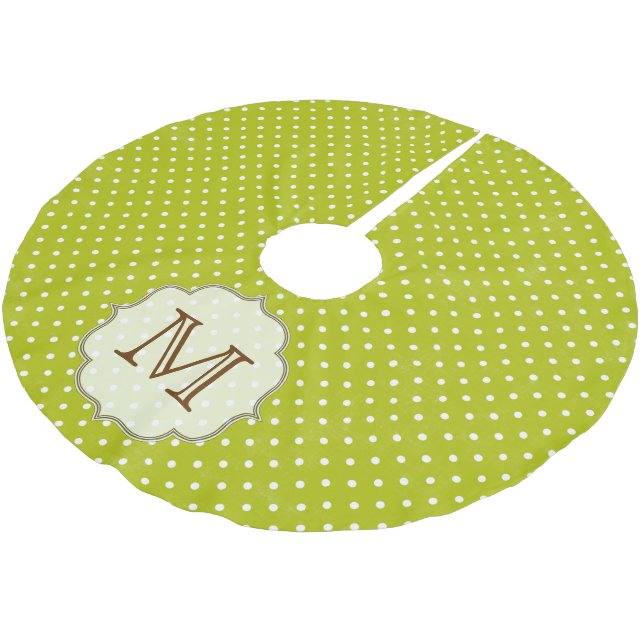 Grüner Polka Dot Monogram, anfänglicher Tree Skirt Polyester Weihnachtsbaumdecke (Schrägansicht)