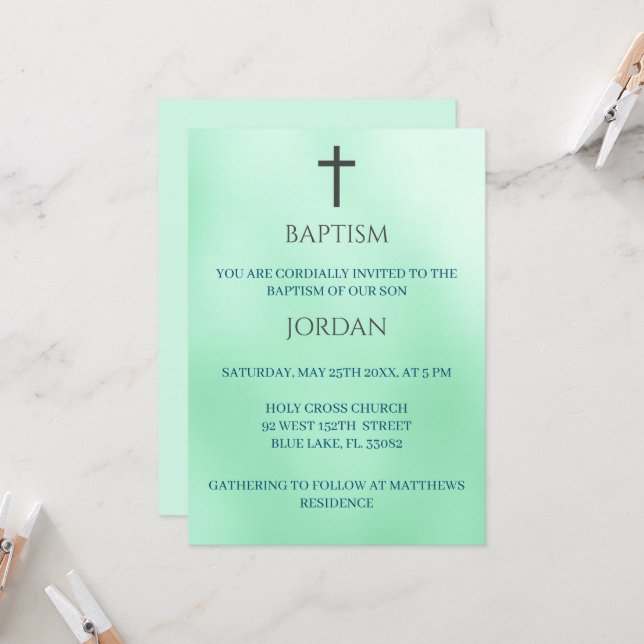 Grüner religiöser Kreuz Traditionelle Taufe Einladung (Vorderseite/Rückseite Beispiel)