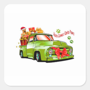 Grüner Retro-LKW mit Geschenken und Dogb Quadratischer Aufkleber