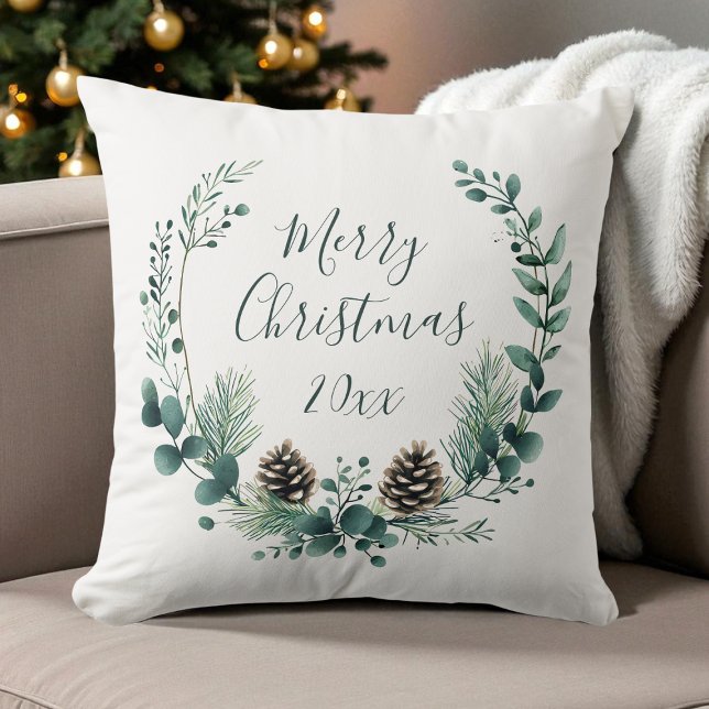Grüner Rustikaler Kleider Bauernhof Frohe Weihnach Kissen (Green Rustic Wreath Farmhouse Merry Christmas Throw Pillow)