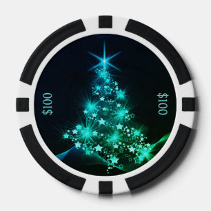 Grüner Schimmer der Sterne auf dunklem Weihnachtsb Pokerchips