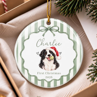 Grüner Schleifen-Haustier erstes Weihnachtsbaumanh Keramik Ornament