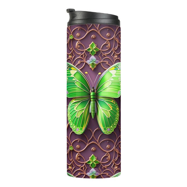 Grüner Schmetterling 3D Optik Thermosbecher (Nach rechts gedreht)